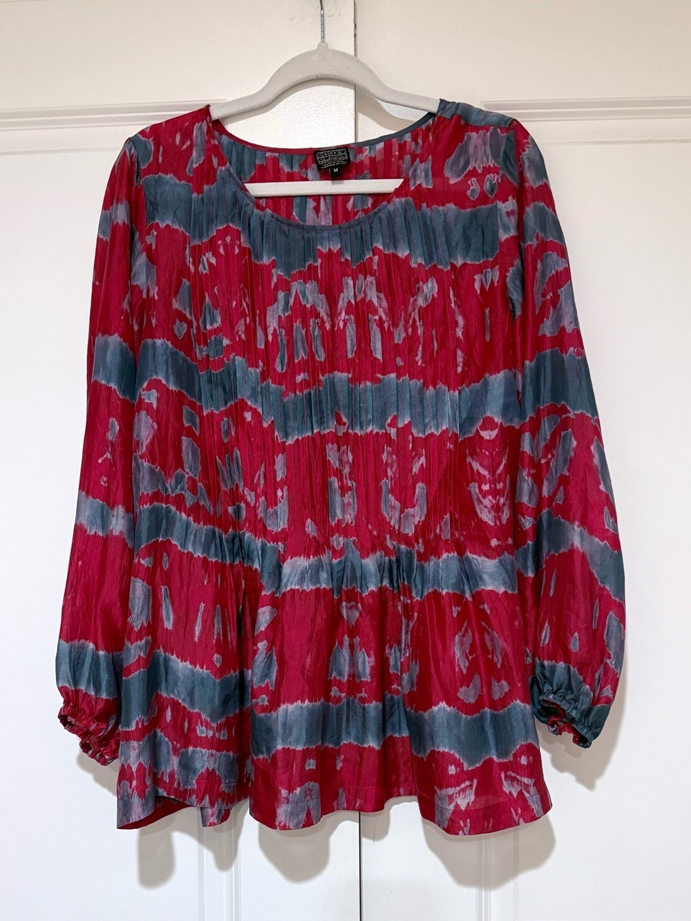 Neeru Kumar 💯% Silk Red & Gray Pleated Long-Sleeve Blouse